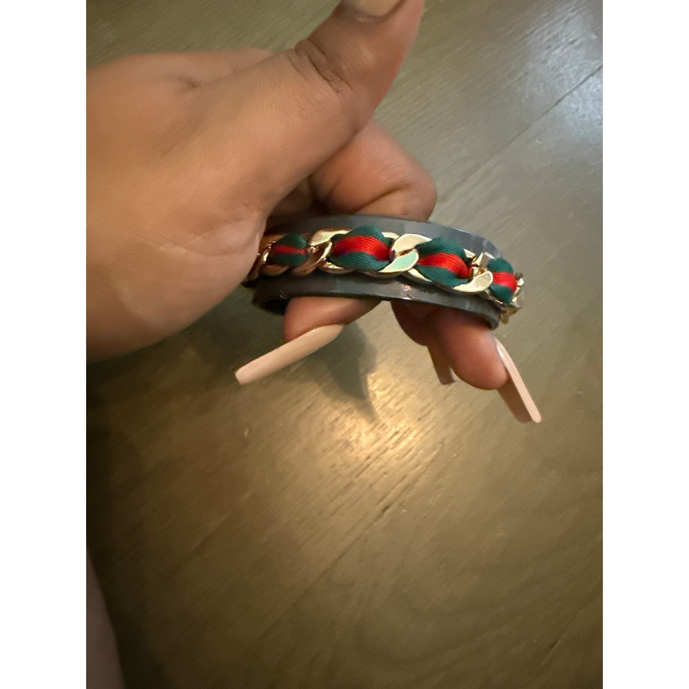 Grey Leather Gold Chain Cuff Bracelet Green Red Striped Ribbon Accent